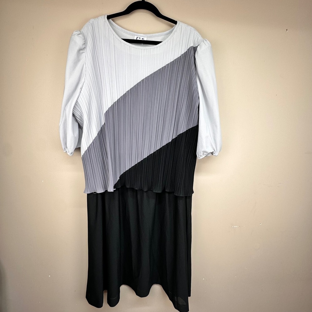 Vintage Cue Fashions‎ Colorblock Pleated Layered Dress Grey Black White Womens